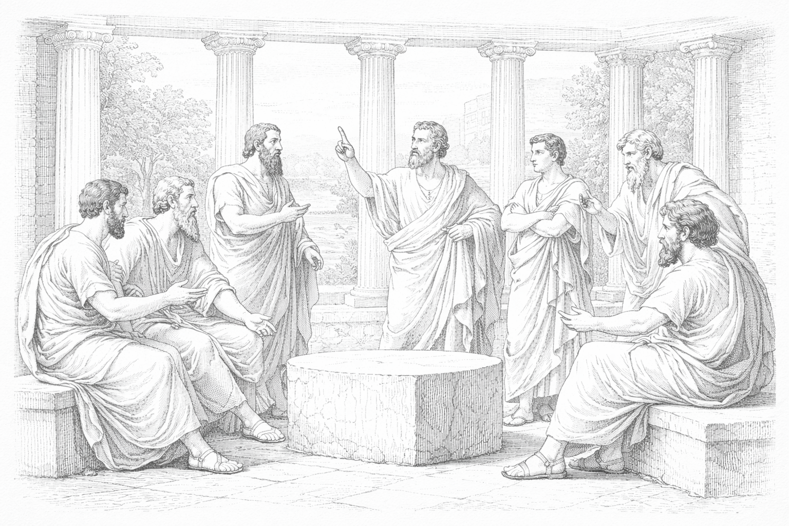 AI collective intelligence debate — multiple AIs in heated discussion at an ancient agora
